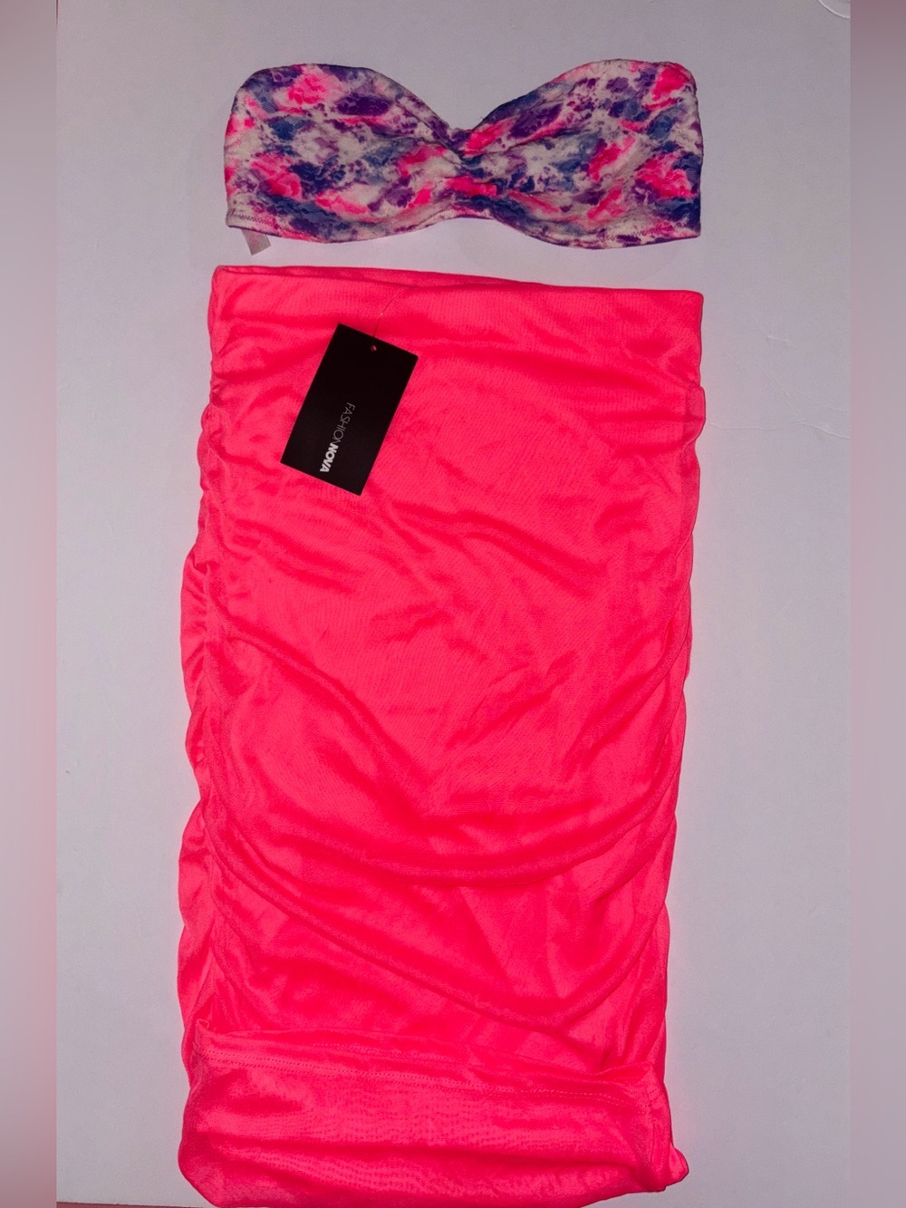 Fashion Nova Neon Pink Ruched Skirt with  VS PINK Bandeau Top Bundle